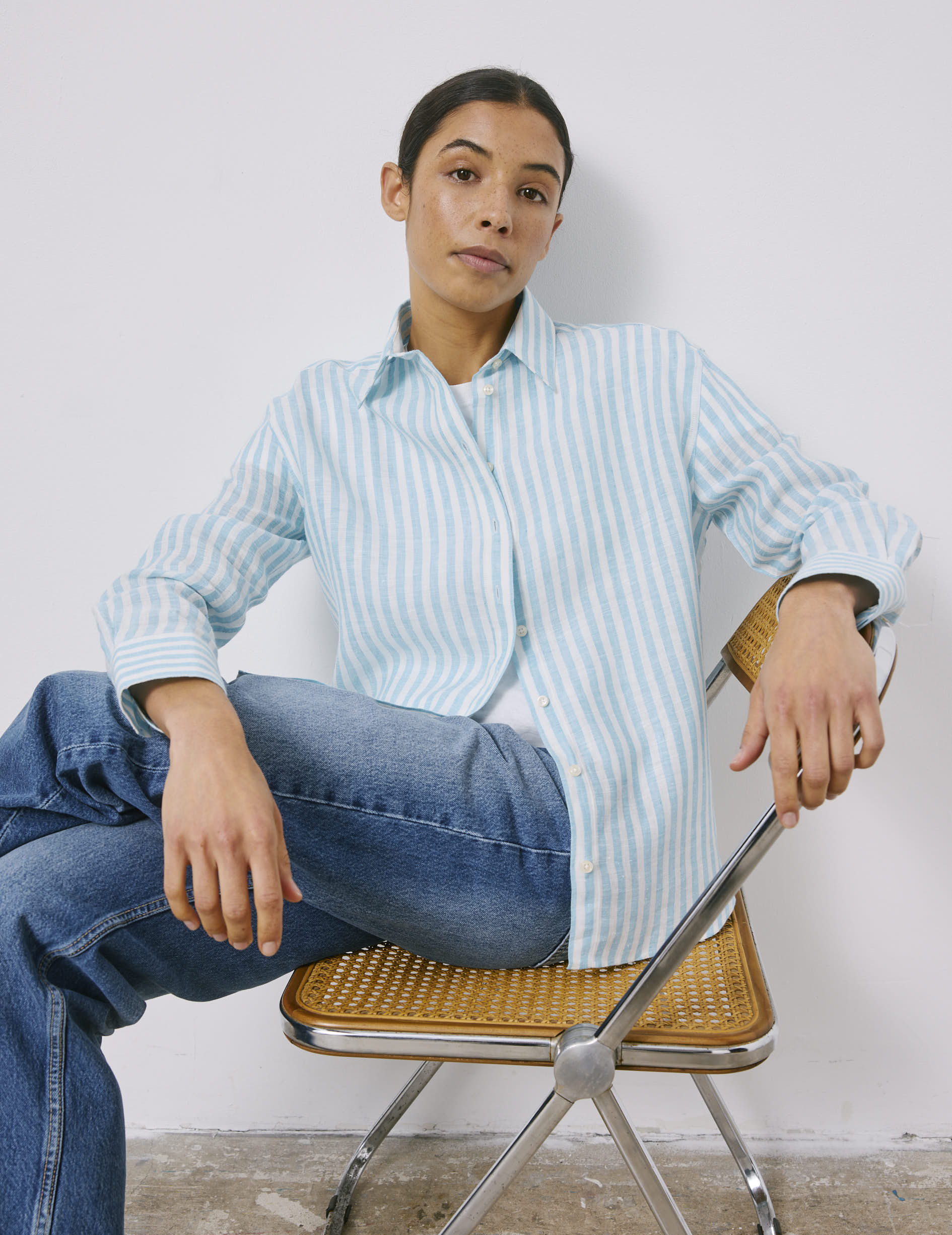 Chemise Ambre rayée en lin turquoise