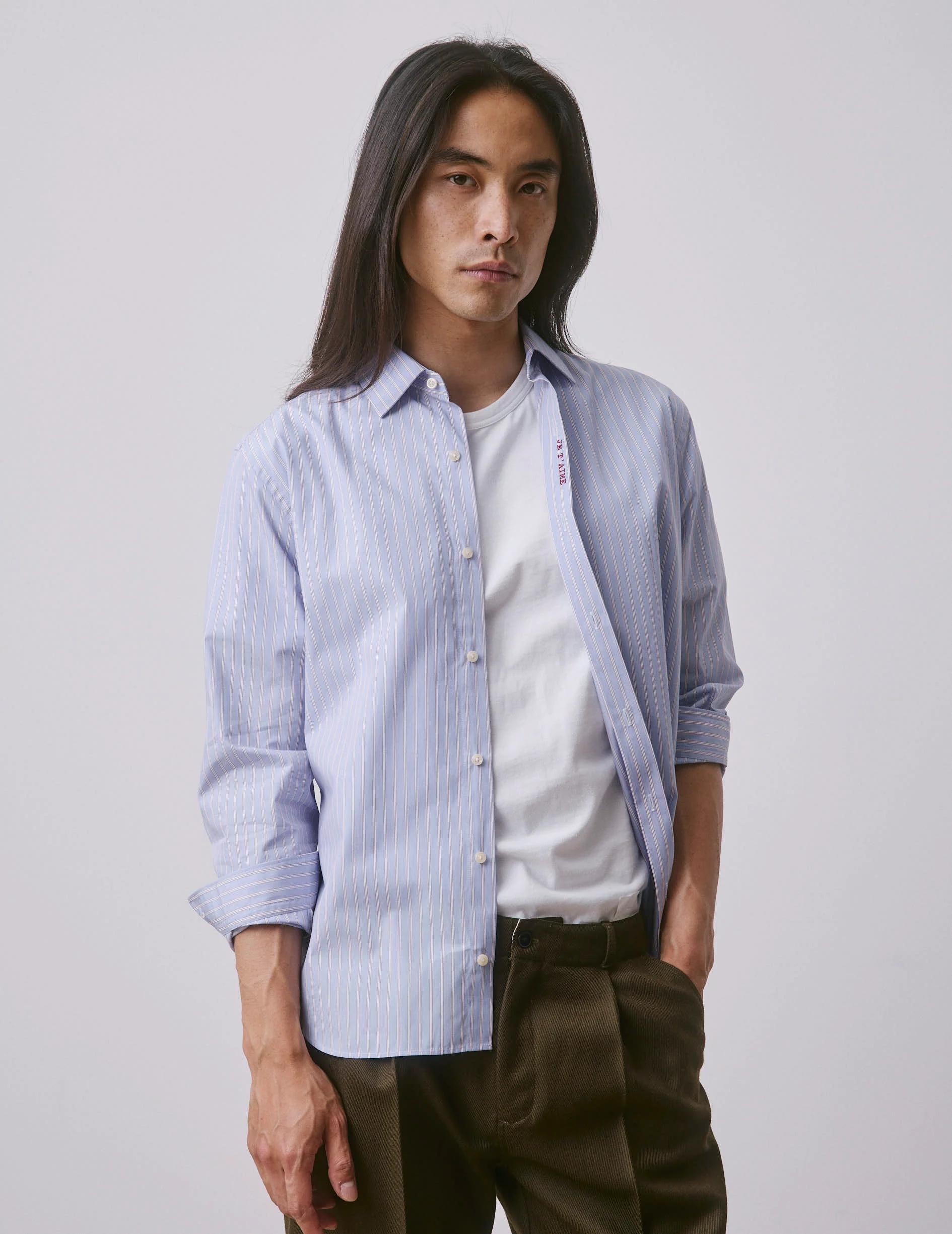 Chemise mixte "Je t'aime" bleue rayée - Image 4