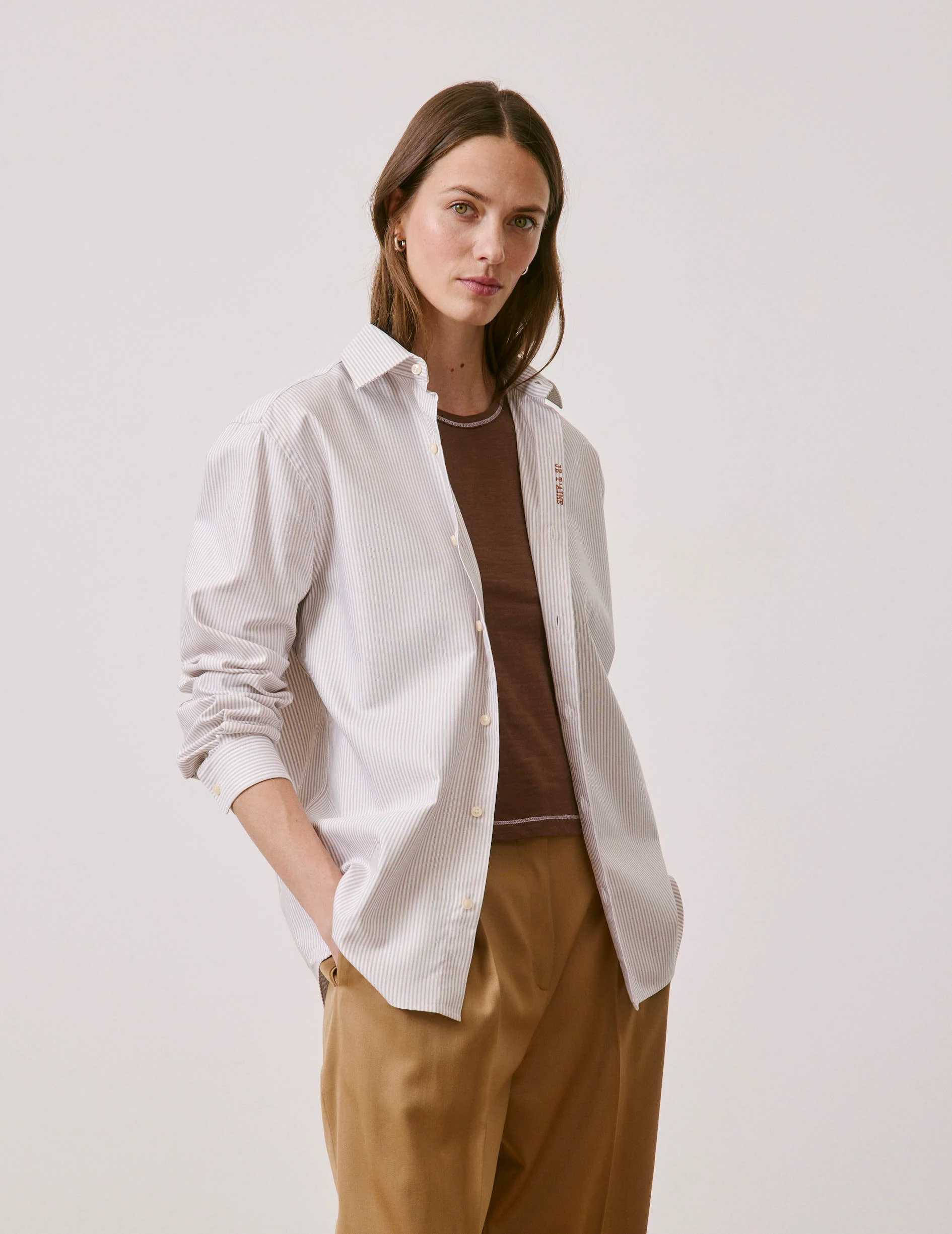Chemise mixte "Je t'aime" rayée beige - Image 6