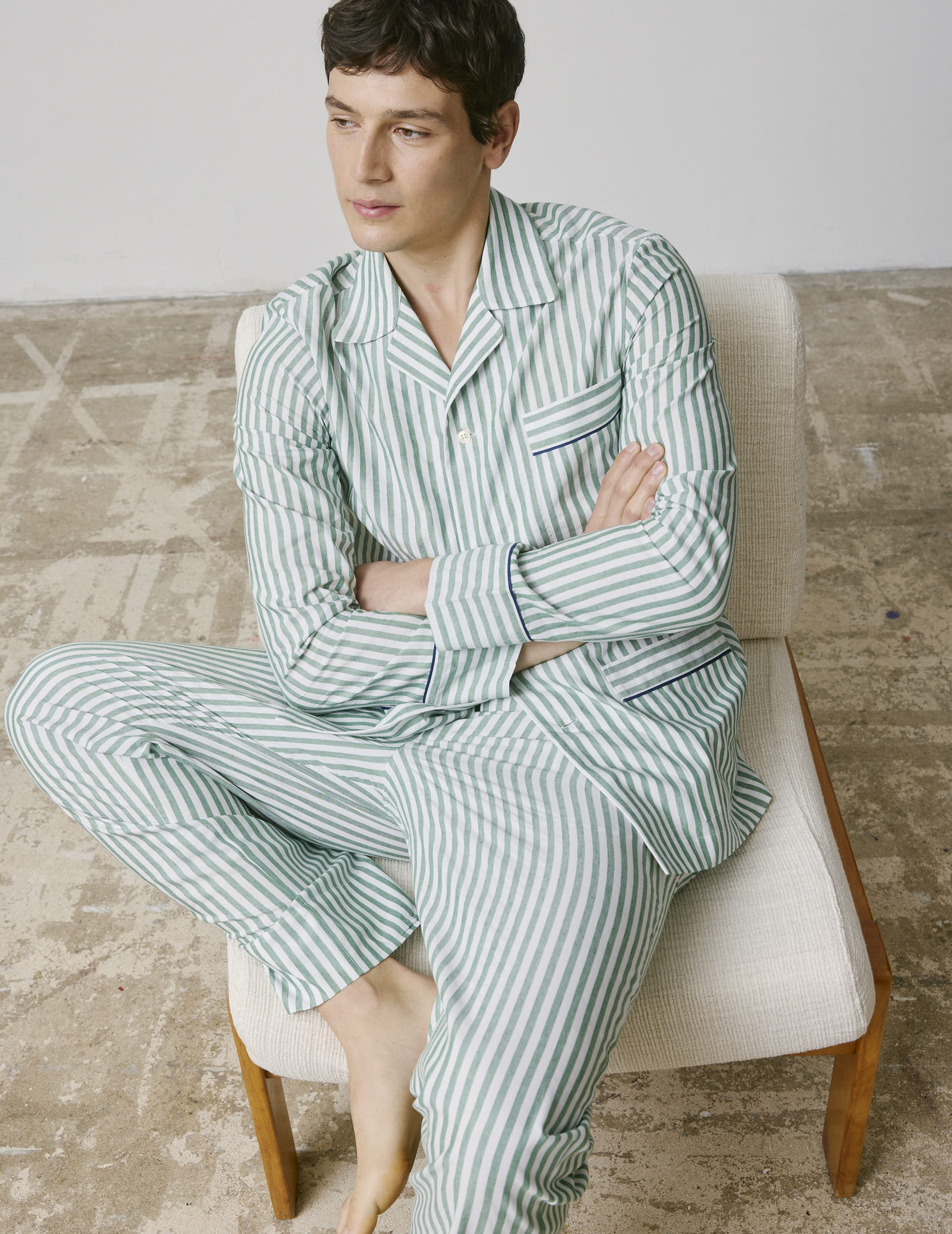 Pyjama Louis en coton et lin rayé vert - Image 3