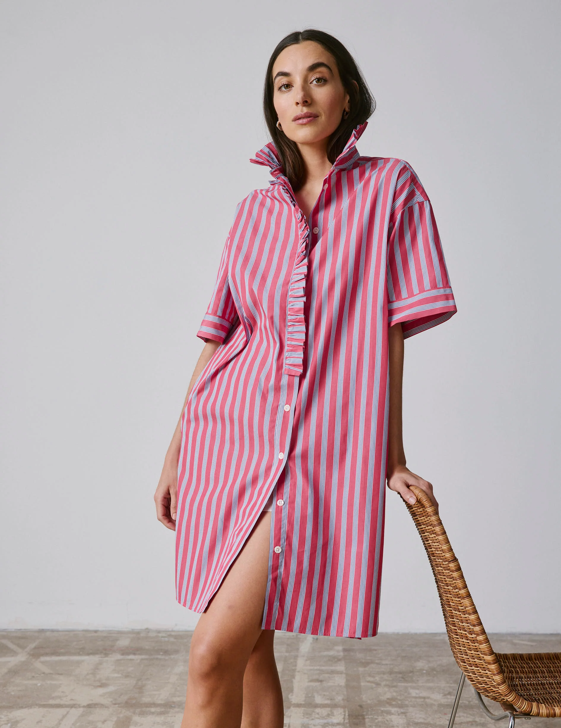 Robe Nivine en popeline rayée rose foncée